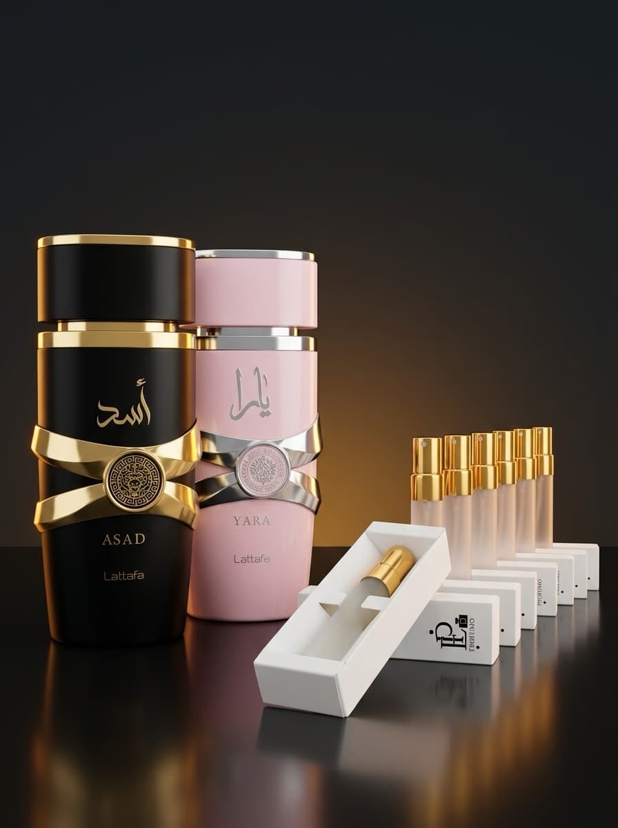Kit de Arranque: frascos de Asad y Yara de Lattafa junto a la fila de decants de 10ml con estuche EP PROFUMO
