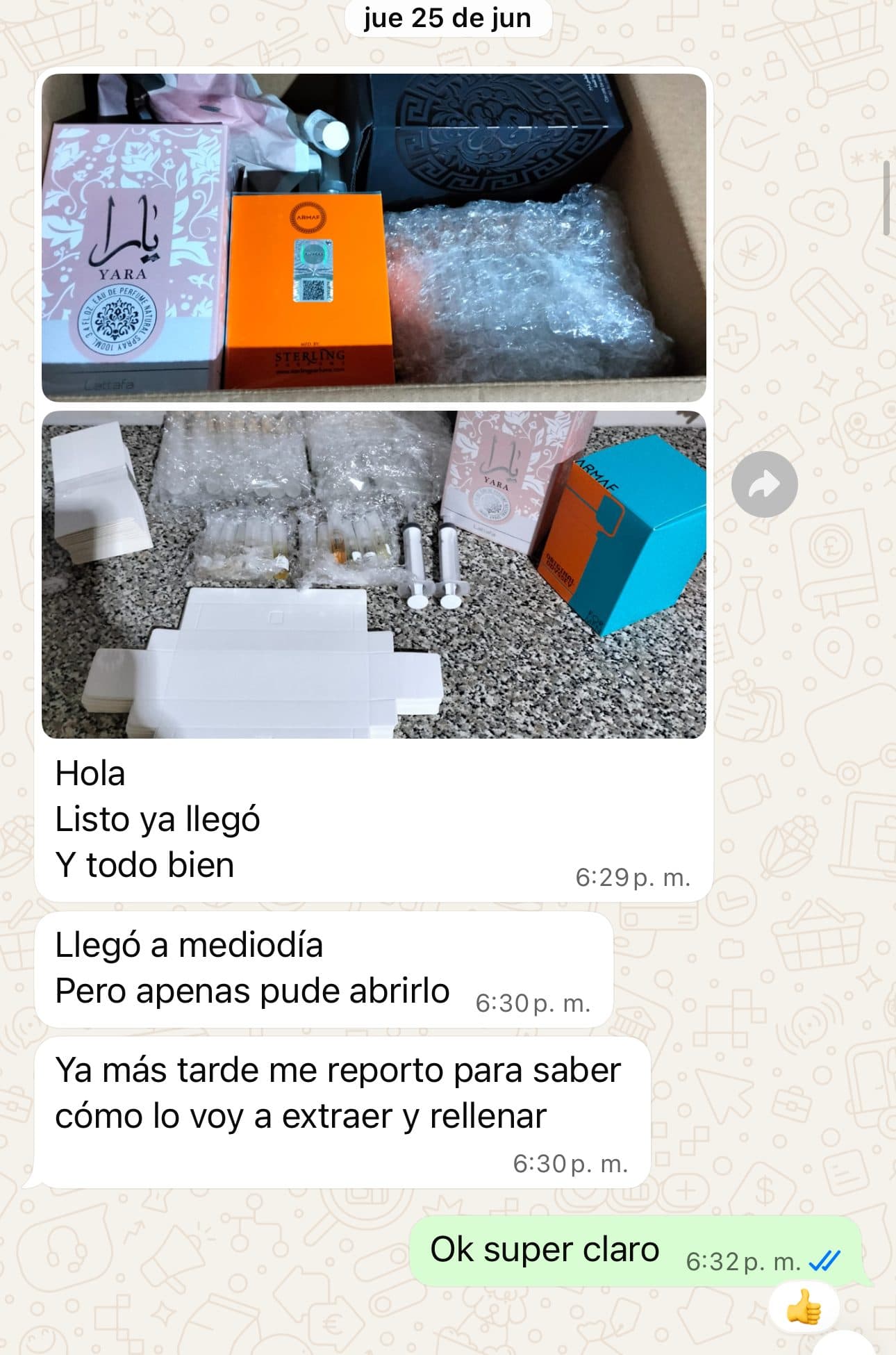 Captura de WhatsApp: la clienta recibe su Kit de Arranque y confirma que llegó completo