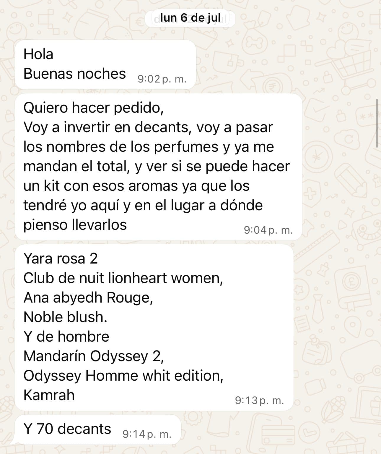 Captura de WhatsApp: la clienta pide su segundo pedido con 7 fragancias y 70 decants